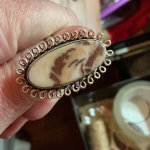 Oval Marbled Brown & Cream Stone Ring with 925 Silver Band